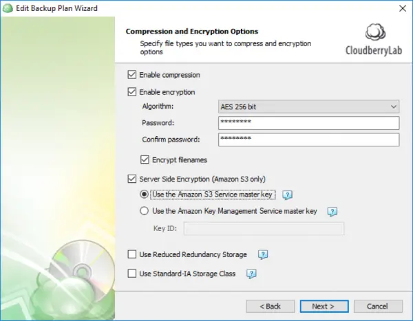 cloudberry backup encryption types