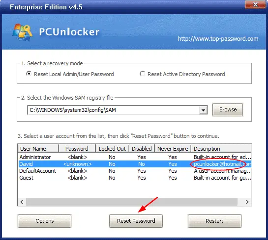 pcunlocker unable to read sam database