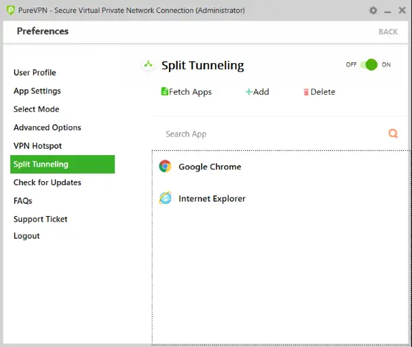 PureVPN Split Tunnelling