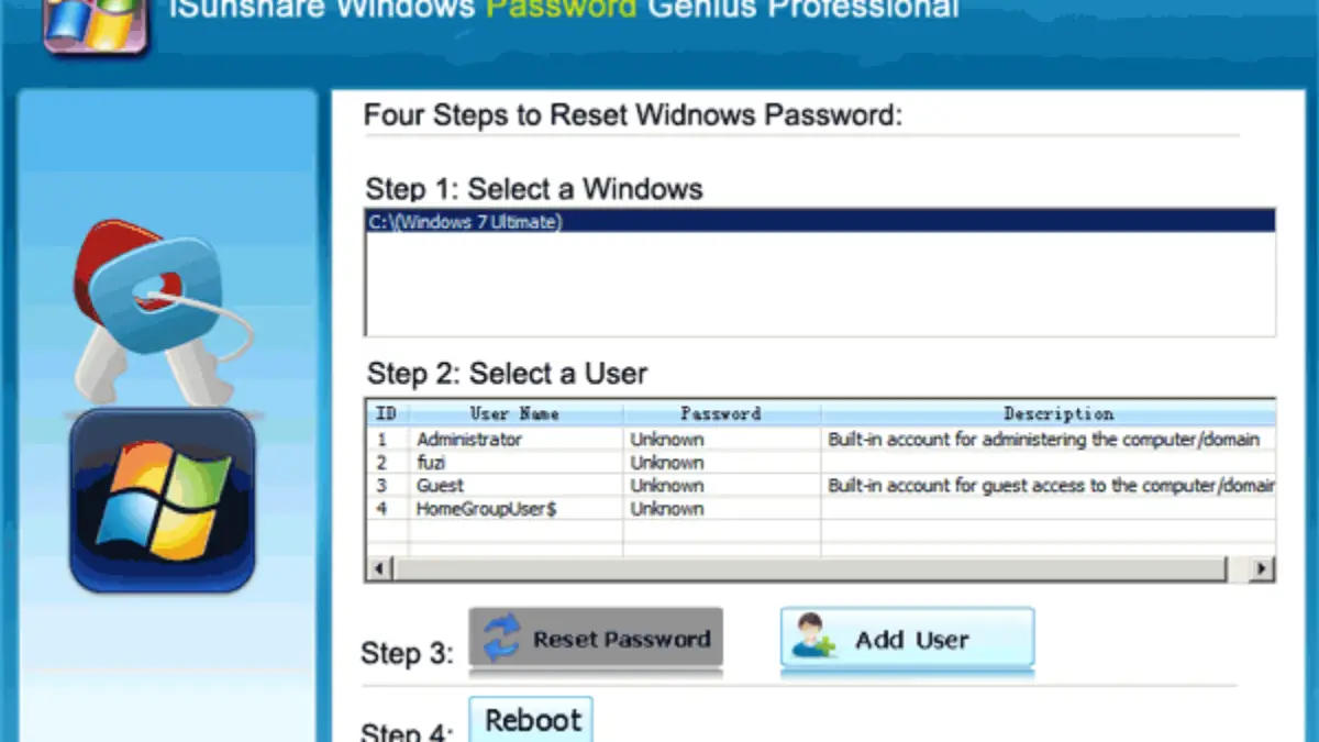 isunshare windows password genius tool