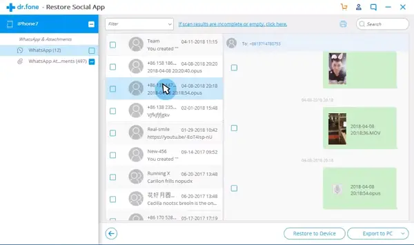 Dr fone Restore Individual WhatsApp Messages