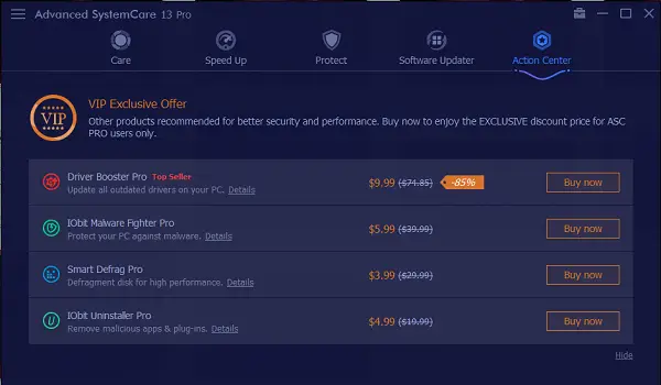 Advanced SystemCare Action Center