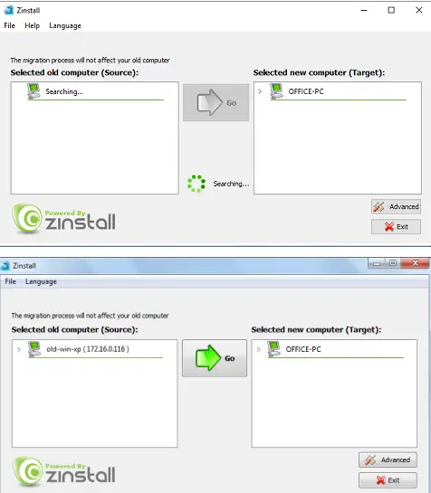 transfer pc to pc using zinstall