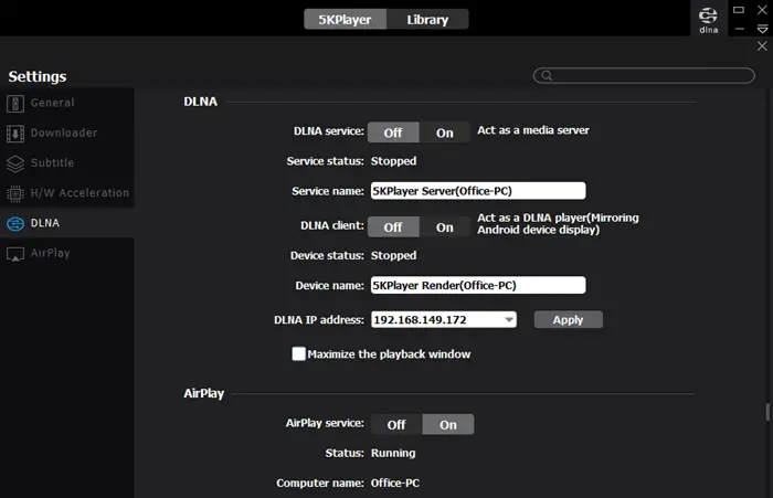 5kPlayer DLNA AirPlay Settings