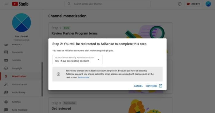 YouTube not connecting to AdSense; Error AS-08, AS-10 OR 500