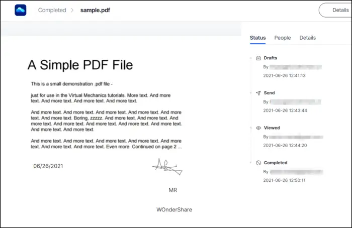 Wondershare PDF Signature History