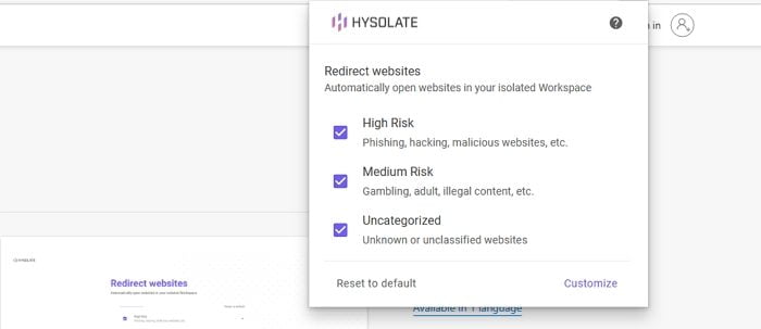 Hysolate Workspace from risky website