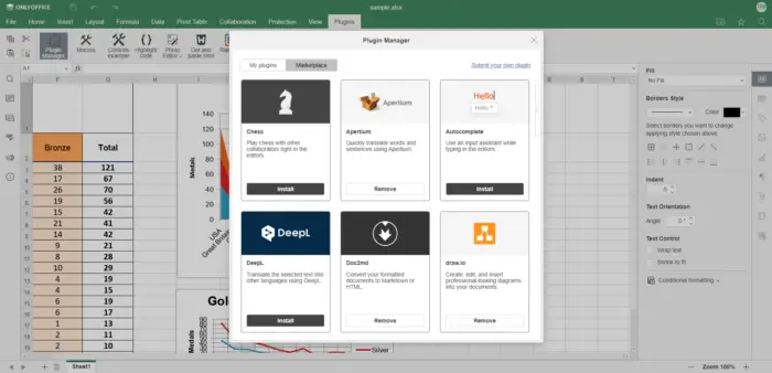 ONLYOFFICE spreadsheet editor with Plugin Manager opened