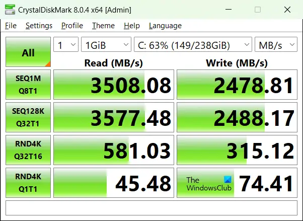 CrystalDiskMark SSD speed test