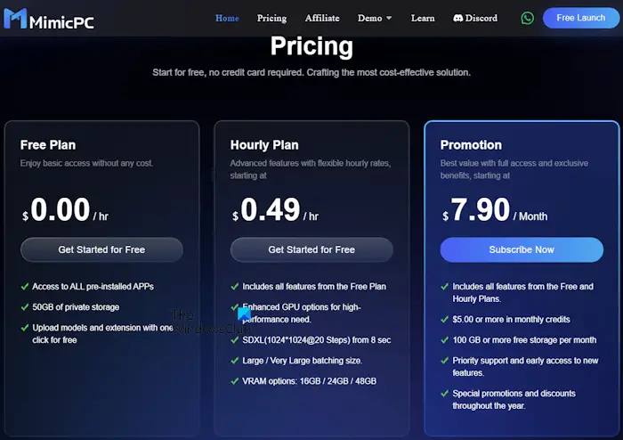 MimicPC pricing plans