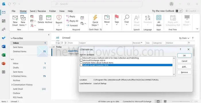Uncheck com add ins outlook