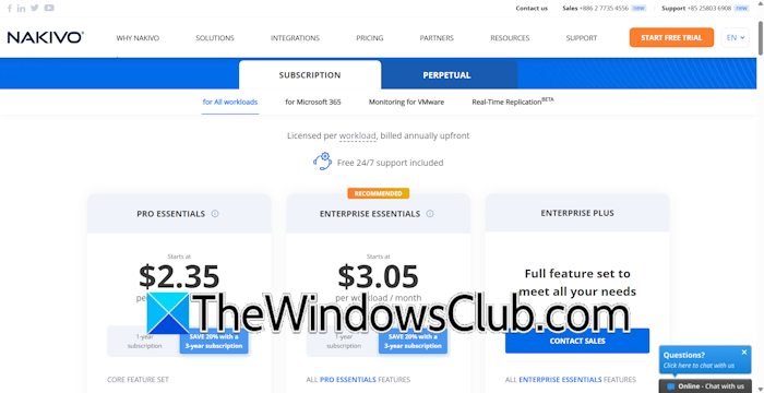 NAKIVO Backup pricing plans