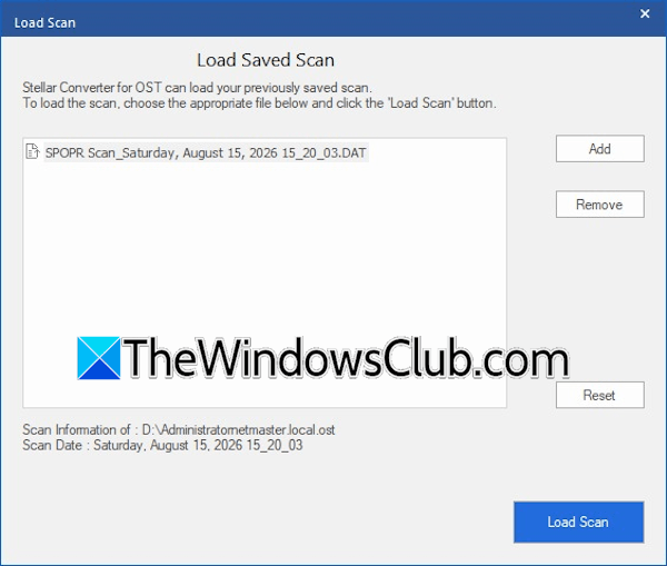 Stellar Converter for OST showing the Save Scan feature for reloading previously scanned OST files without rescanning Stellar Converter for OST showing the Save Scan feature for reloading previously scanned OST files without rescanning