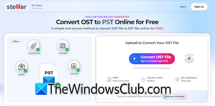 Online OST to PST Converter by Stellar interface showing the file upload and conversion options Online OST to PST Converter by Stellar interface showing the file upload and conversion options