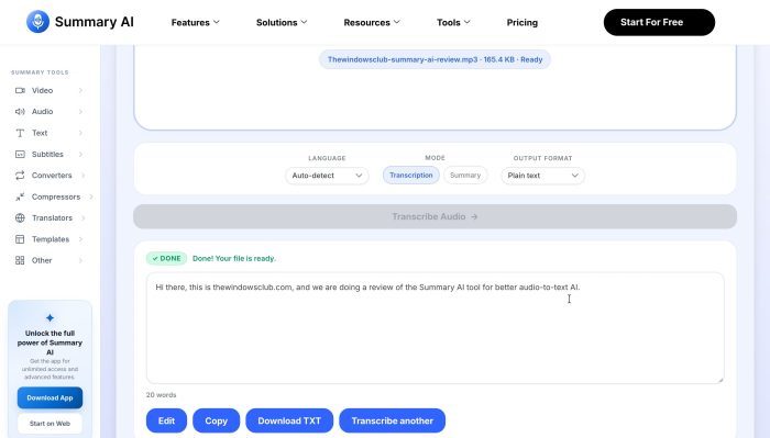 Audio to text using summary ai free tool