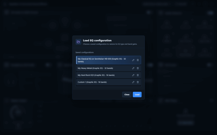 Saved EQ configurations can be recalled, renamed or deleted, with the EQ type and band count shown for each.