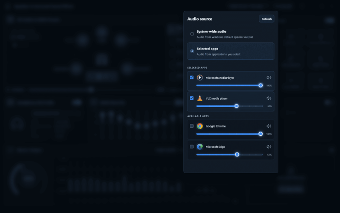 Selected apps mode processes only the applications you tick, each with its own volume slider.