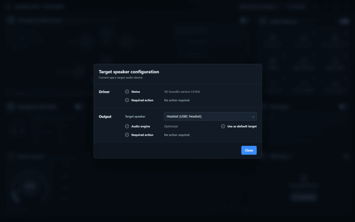 Target speaker configuration reports driver status and lets you pick the physical output