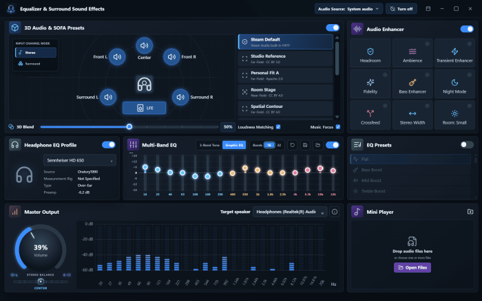The full dashboard keeps spatial audio, equalisation, headphone correction and output level on one screen